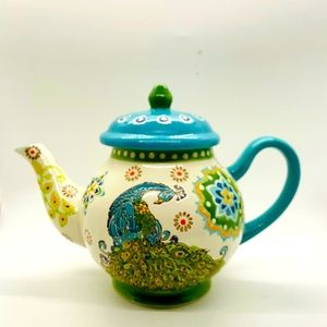Vintage Dutch Wax Hand-painted Peacock Ceramic Teapot